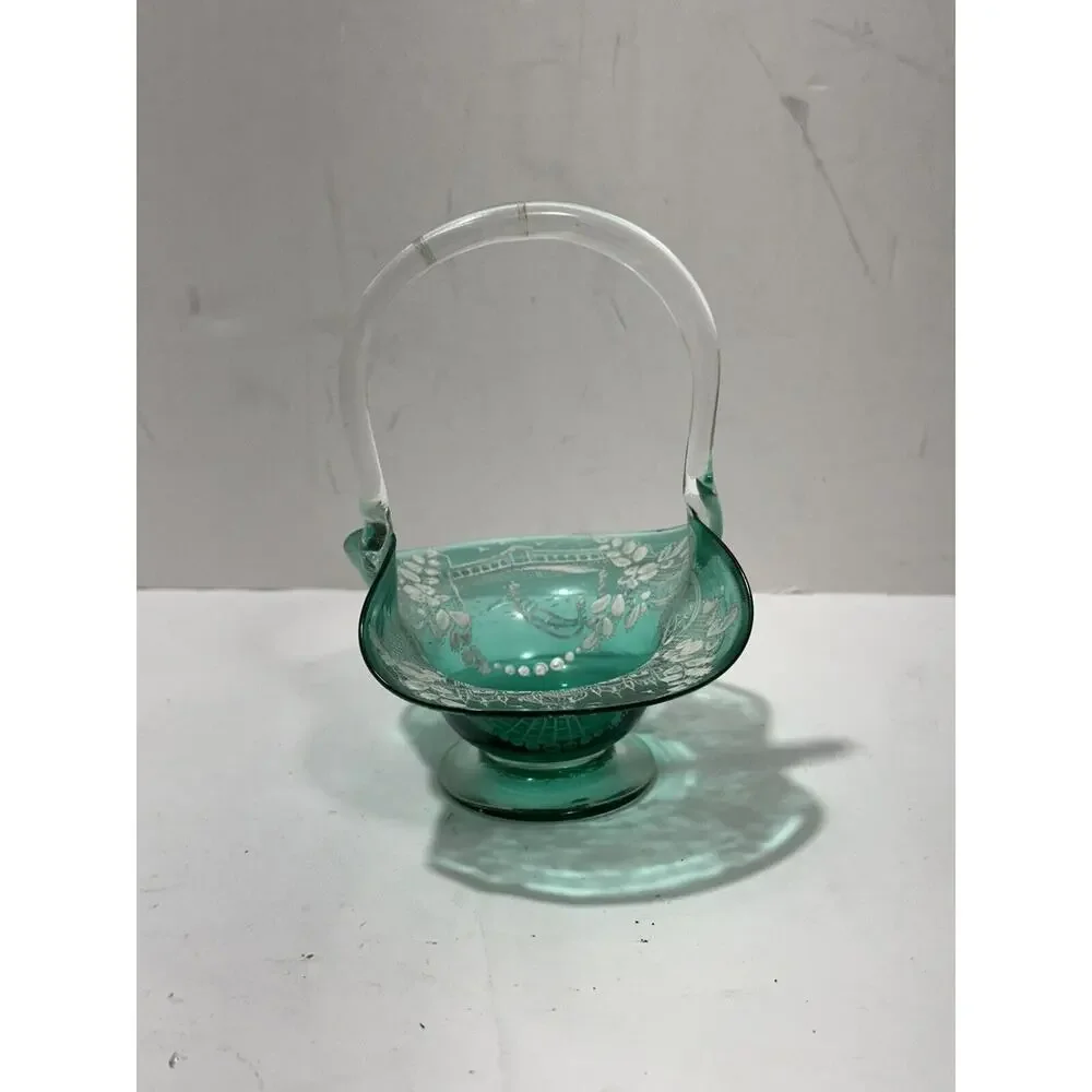 Vintage Murano Moser Etched Scenery Green Blown‎ Art Glass Basket Clear Handle